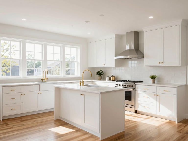 Bright newly remodeled open-concept kitchen in Birmingham, warm wood flooring, white shaker cabinets, natural light from large windows, sharp architectural focus.