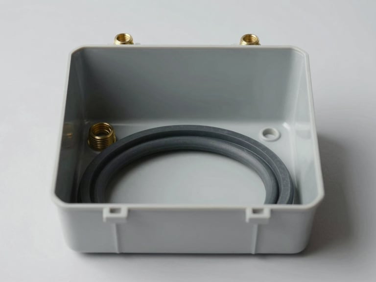 Straight-on technical studio shot of an open IP65 thermoplastic junction box, showing the thick gray rubber sealing gasket, brass screw threads, and clean interior mounting plate, neutral light gray background.