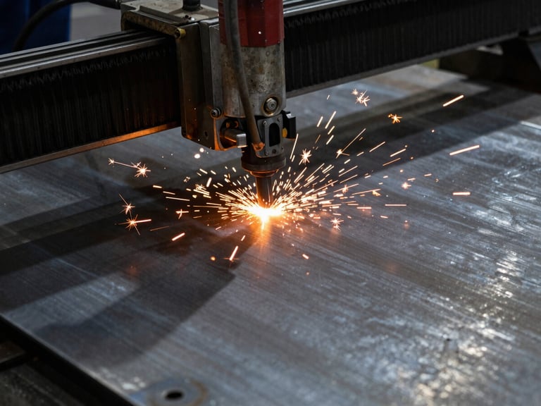 Close-up of a CNC plasma cutter precisely slicing heavy steel plate, sparks and molten metal visible, high-contrast industrial lighting, deep shadows, cool steel tones.