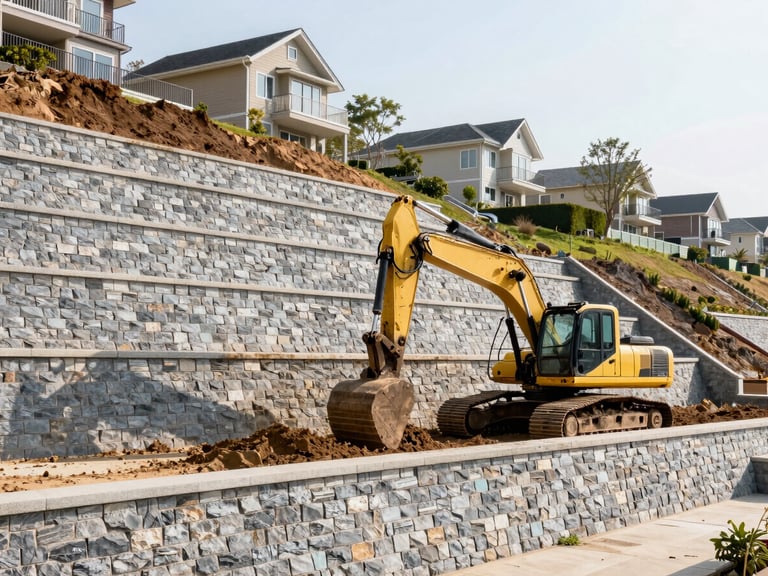 Wide environmental shot of a heavy excavator grading a residential hillside next to a massive, perfectly leveled stone retaining wall, bright morning daylight.