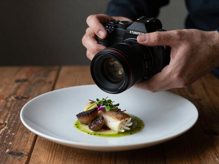 Close-up shot of hands adjusting a camera lens over a freshly plated artisanal dish on a rustic wooden table, soft Scandinavian side-light, moody shadows.