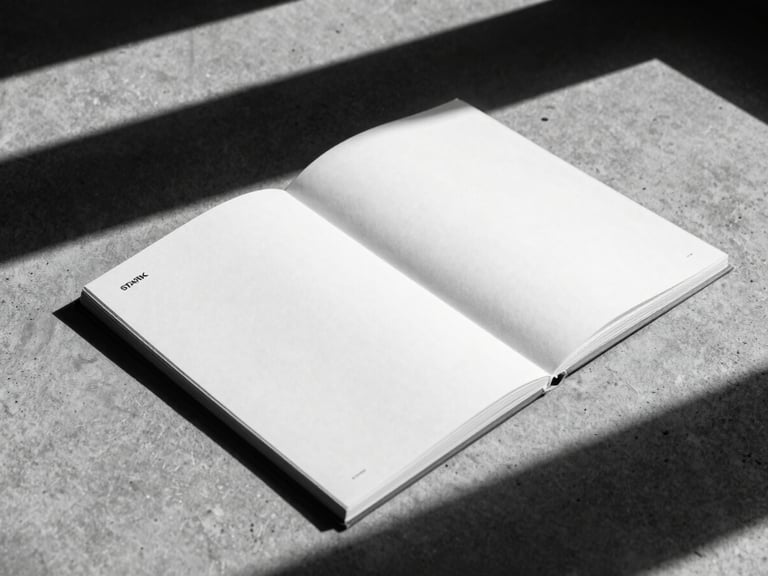 Stark high-contrast black and white photograph of a thick, printed minimalist brand book lying on raw concrete, hard directional sunlight, deep shadow, 35mm film