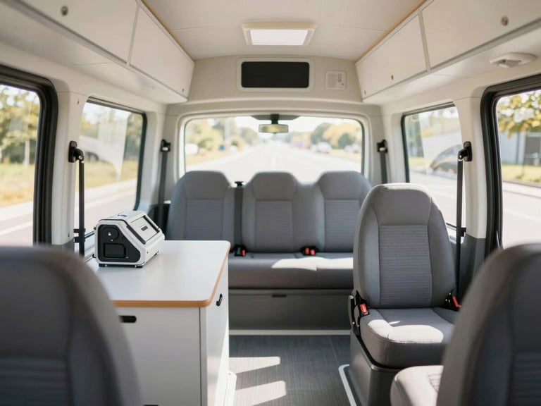 Modern, clean specialized transit van interior, showing secure seating and medical equipment, bright natural daylight