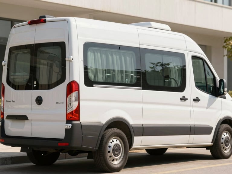 Clean, modern specialized transit van exterior, showing safety features and professional branding, parked under bright natural daylight, soft warm tones, professional photography.