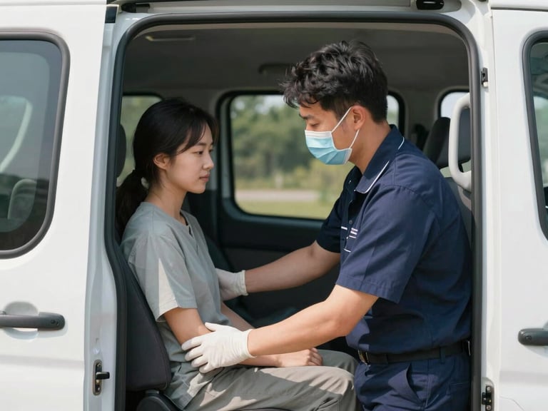 Professional operator in clean uniform, gently assisting a patient into a secure transit vehicle, focus on hands and dignity, bright natural daylight