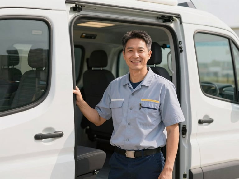 Professional operator in a clean uniform, smiling reassuringly, standing beside a specialized transit vehicle, bright natural daylight, soft warm tones, professional photography.