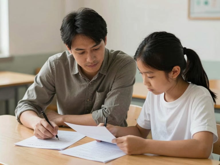 An adult instructor and a student looking over papers at a wooden table, soft natural side light, authentic candid moment.