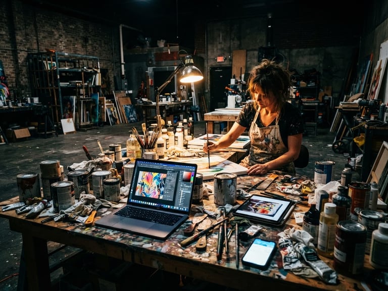 Raw industrial warehouse art studio, high-contrast ambient light, messy tables with paint cans and glowing digital screens, 35mm film grain