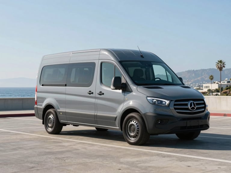 Clean modern executive transport van parked in a structured coastal Southern California corporate environment, slate gray tones, 35mm