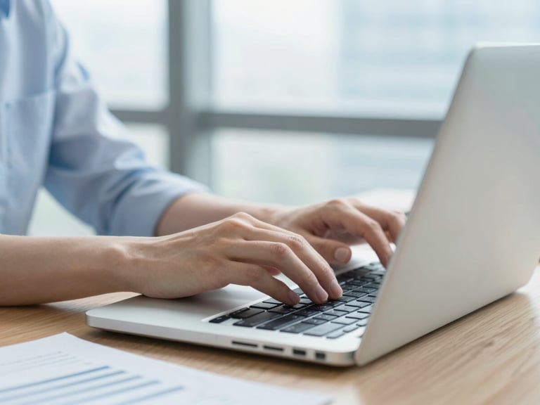 Close-up of hands typing on a laptop in a bright Wood Green office, neatly organized documents nearby, soft blue tones, natural light