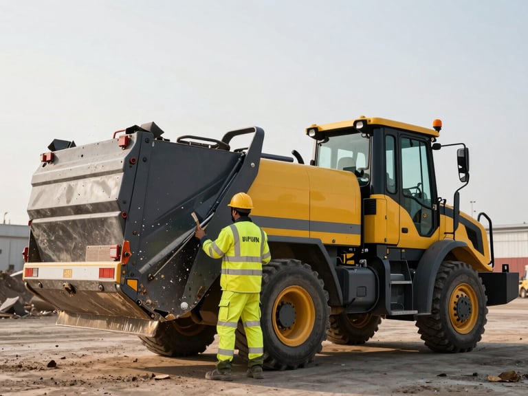 Wide shot of a heavy-duty construction site cleanup vehicle removing debris, high-visibility safety gear, bright overcast daylight, sharp focus, industrial commercial photography, 35mm.