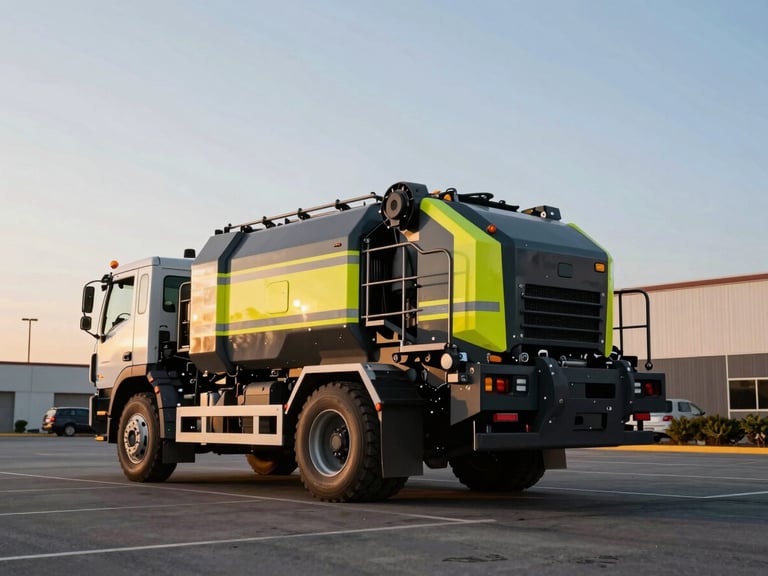 Low-angle heroic shot of a large regenerative air sweeper truck, safety yellow accents, operating on a clean commercial parking lot at dawn, sharp focus, industrial commercial photography, early morning golden hour, 35mm.