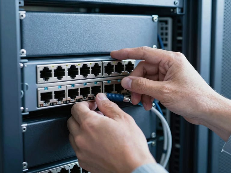 Close-up of a technician installing a network switch into a server rack, cool blue and slate tones, sharp focus, 35mm lens.