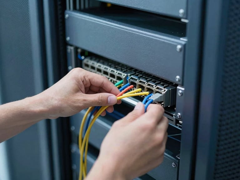 Technician's hands meticulously organizing color-coded network cables in a server rack, crisp cool-toned functional lighting, sharp focus, 35mm lens.