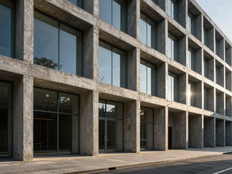 Gros plan héroïque à angle bas d'une structure en béton brut juxtaposée à des panneaux de verre poli, ombres nettes de fin d'après-midi, esthétique architecturale minimaliste.