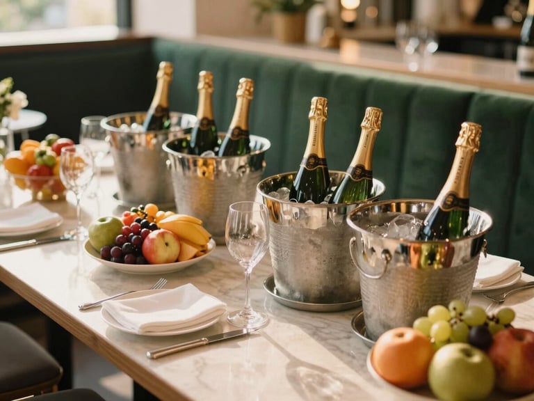 A beautifully set VIP table at a sunlit lounge, featuring premium champagne bottles in ice buckets, fresh fruit platters, and elegant glassware, warm golden-hour light.
