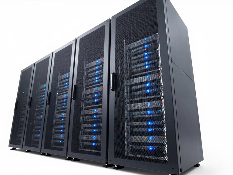 Bright high-key technology photography of modern server racks with clean blue and orange LED indicators, sharp daylight, architectural wide-angle lens