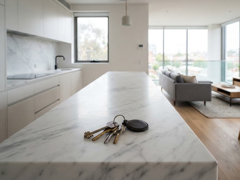 Straight-on eye-level architectural shot of a pristine modern apartment interior, bright neutral daylight, crisp focus on a set of keys lying on a clean marble countertop.
