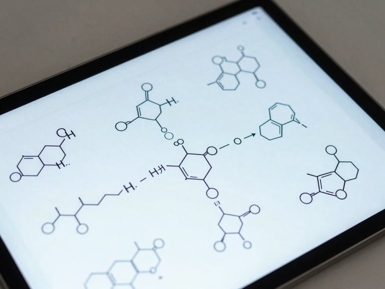 Close-up of a high-contrast digital tablet displaying a structured chemistry mind map with clear molecular diagrams, soft blue backlight, modern editorial feel.