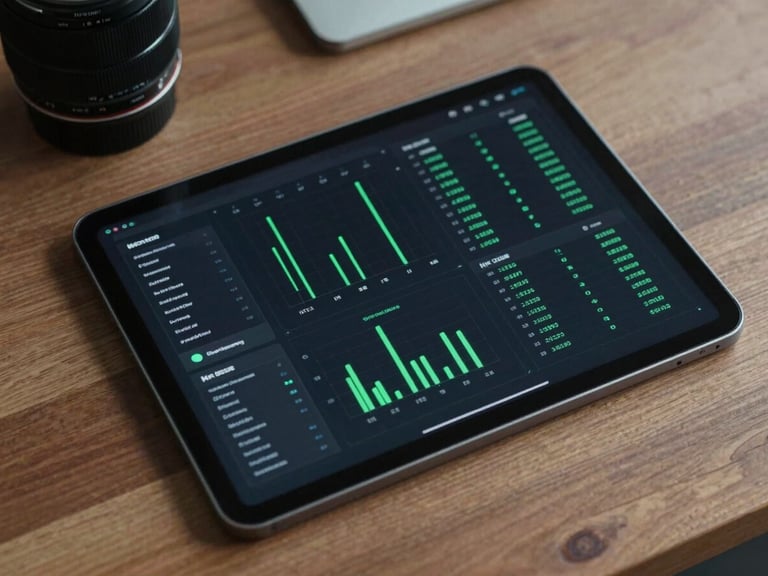 Geometric flat lay of a digital dashboard on a tablet showing compliance metrics, dark interface with bright green data lines, professional corporate setting
