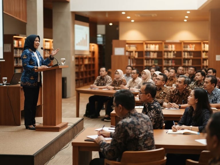 Medium shot of an Indonesian academic conference, a speaker presenting to a focused audience of lecturers, warm indoor library lighting, professional atmosphere, 35mm lens