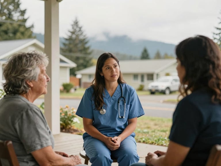 Candid medium environmental portrait of a community health worker speaking with an elder on a porch in a Pacific Northwest neighborhood, soft overcast daylight, natural warm tones.