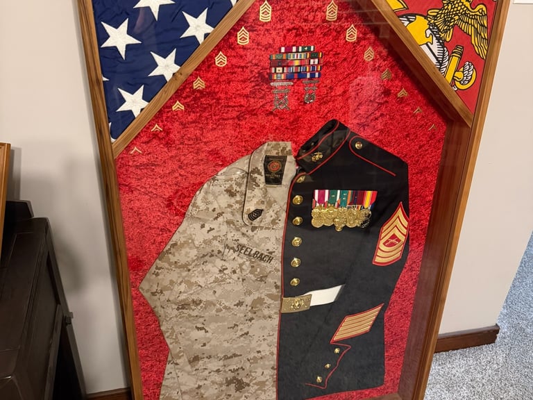 USMC Retirement Shadow Box Sweetgum ~ Custom Engraving ~ Flag Display