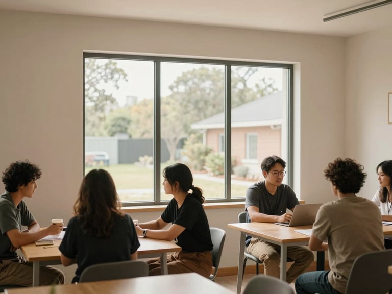 Dignified and clean interior of a modern transitional housing facility, warm natural light streaming through a large window, structured and calm atmosphere, 35mm