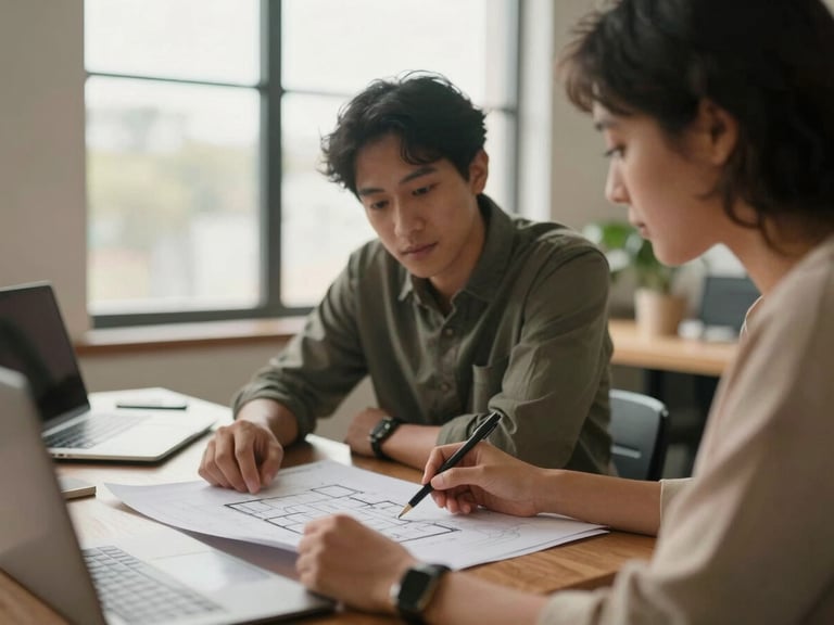 A collaborative meeting in a warm Houston workspace, two professionals analyzing architectural plans under soft window light, shallow depth of field, 35mm