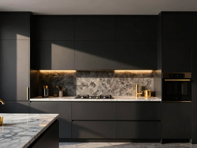 Tight straight-on geometric shot of a high-end kitchen interior, matte black cabinets, brushed gold fixtures, marble countertops, architectural lighting.