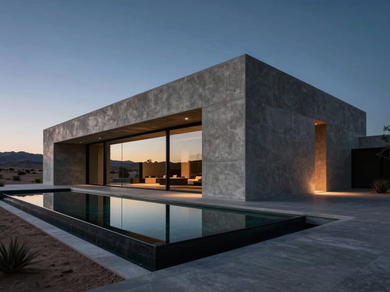 Low-key dramatic architectural shot of a modern desert estate in Mesa at twilight, sharp concrete angles, soft metallic reflections in glass pools.