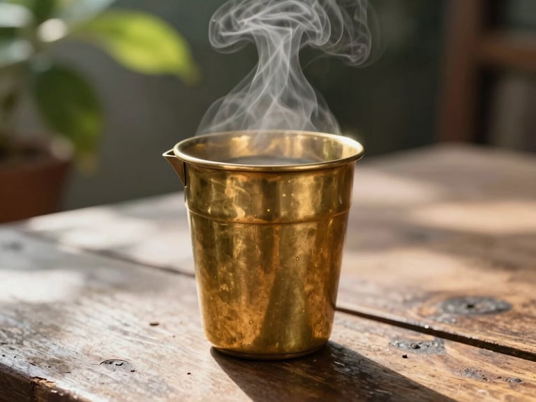 Close-up of a brass filter coffee tumbler on a weathered wooden table, soft morning light filtering through courtyard leaves, steam rising gently.