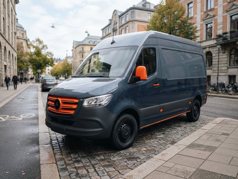 A clean modern delivery van parked on a structured city street in crisp morning light, sharp focus, 35mm lens