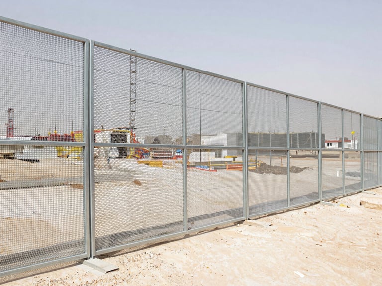 industrial construction site in Riyadh with heavy-duty temporary steel fencing, steel mesh panels, bright daylight, realistic construction photography, 35mm