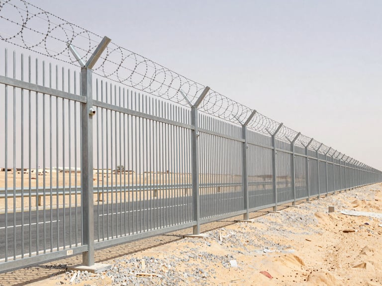 professional industrial photography of high-security galvanized steel fence type-1 with barbed wire along a Saudi highway desert landscape, bright daylight, 35mm