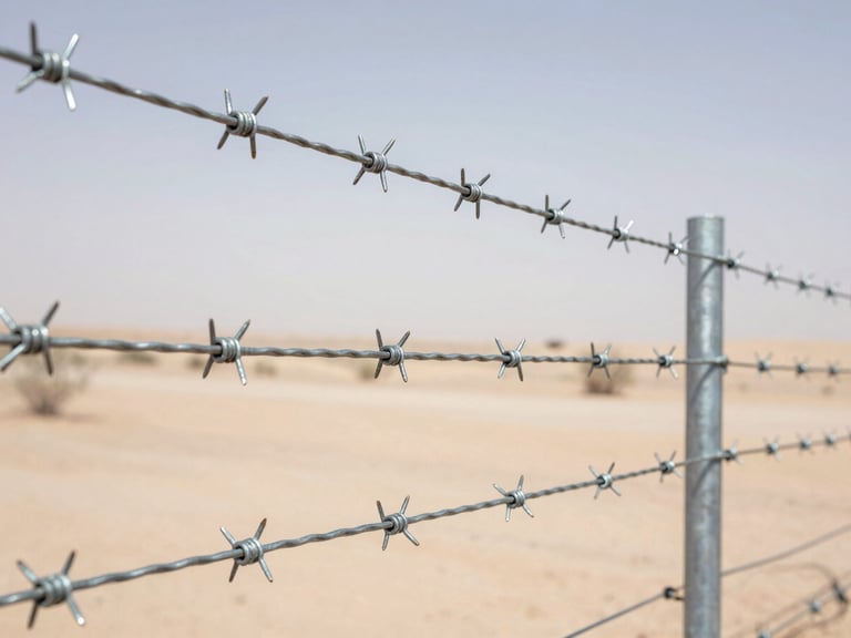 Close-up of high-quality galvanized steel barbed wire tensioned over a secure fence post, sharp metallic details, desert background, bright daylight, professional industrial photography, 35mm