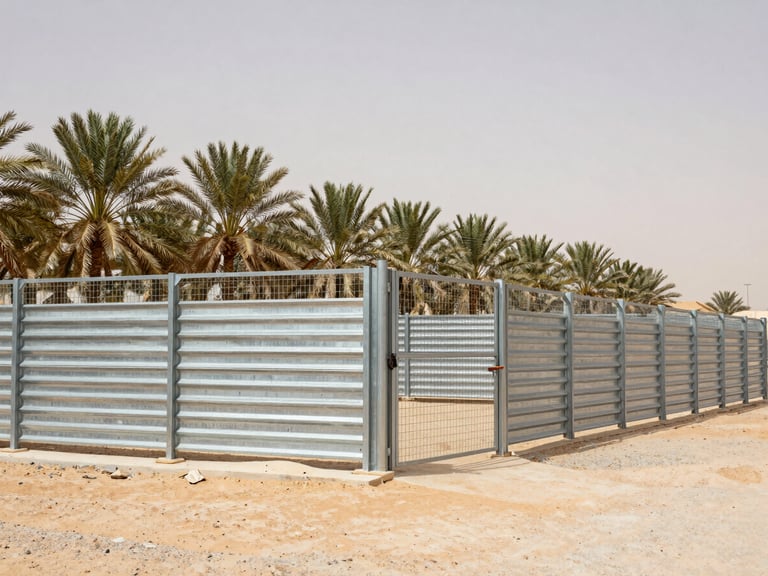 wide-angle shot of a secured agricultural farm in Saudi Arabia, surrounded by strong galvanized steel fencing, green palm trees in background, harsh desert sun, realistic 35mm