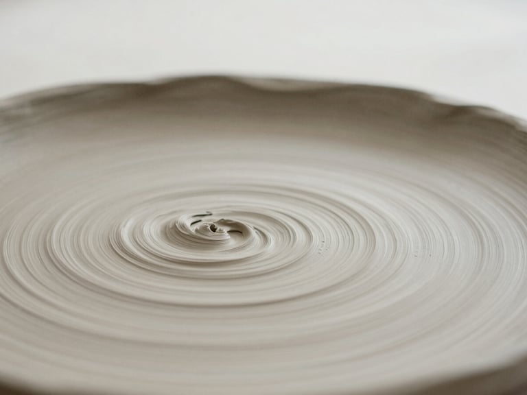 A macro close-up of textured, unfired clay showing subtle fingerprints and tool marks, soft overcast daylight, muted taupe and off-white tones, shallow depth of field, 35mm