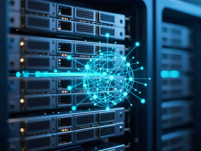 Macro shot of high-density server nodes with blue and cyan backlighting, clinical high-contrast mood, abstract quantum field schematics overlay.