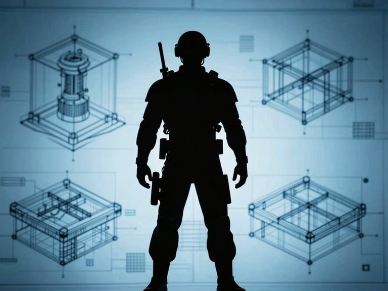 Stylized, high-contrast silhouette of an operative against a backdrop of architectural blueprints of multi-dimensional structures, cool backlighting.