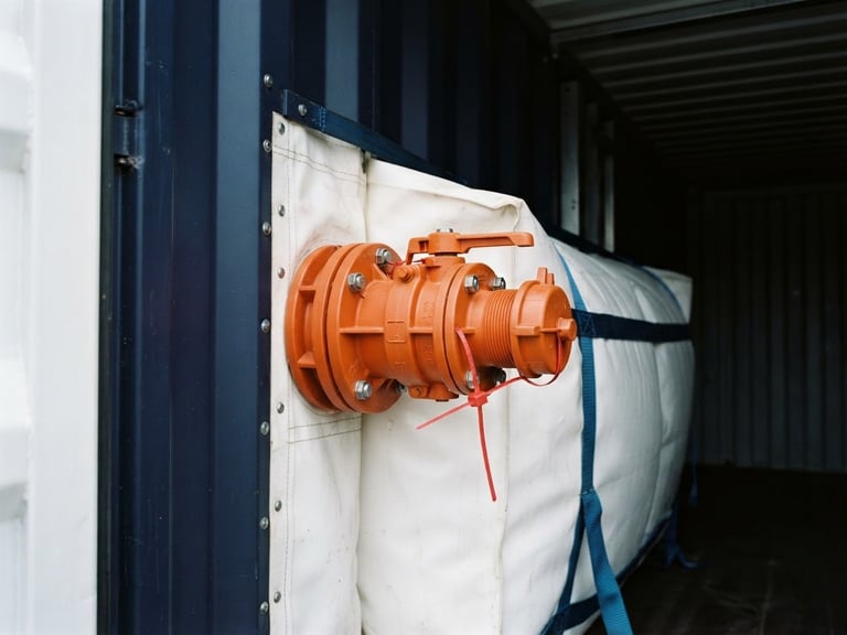 Industrial logistics photography, a technical close-up of a secure orange valve fitting on a clean flexitank inside a shipping container, crisp natural daylight, sharp focus, 35mm