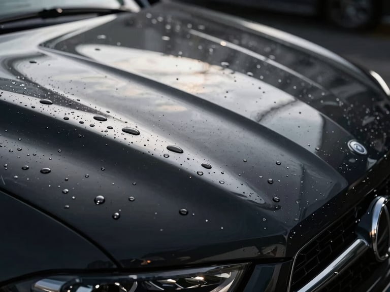 Extreme close-up macro shot of water perfectly beading on a freshly coated obsidian black car hood, sharp studio lighting reflections, high-contrast, 50mm lens.