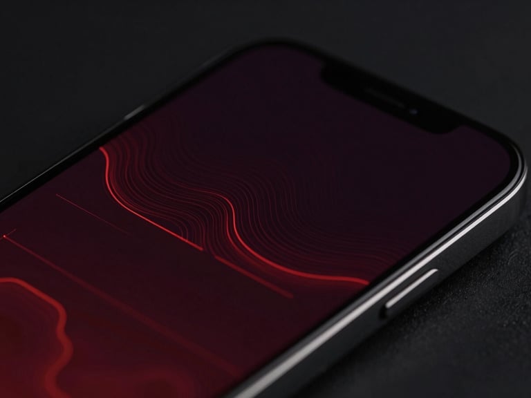 Close-up of a sleek, dark smartphone displaying abstract AI data visualizations, with subtle crimson glowing lines, in a high-contrast studio setting.