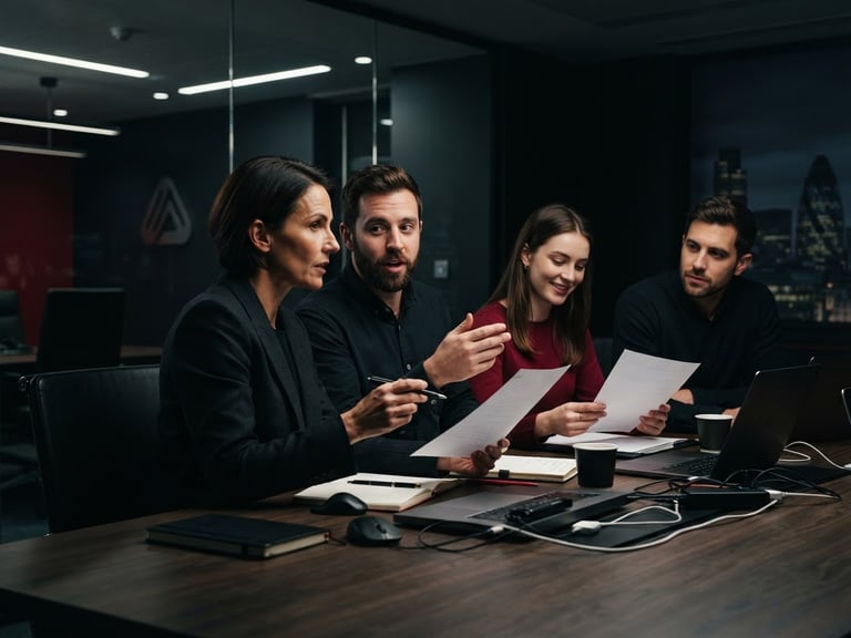 Cinematic shot of a professional media relations team in a modern European office, dark tones, subtle crimson accents, high-contrast studio lighting, 35mm lens.