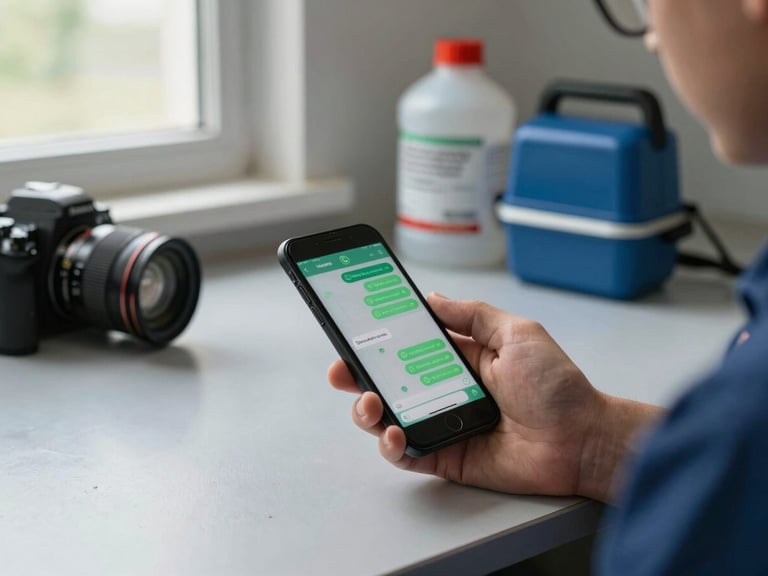 Wide shot of a technician's hand holding a smartphone showing a WhatsApp conversation, resting on a work table with pest control equipment in the background, natural daylight from a side window, sharp documentary framing