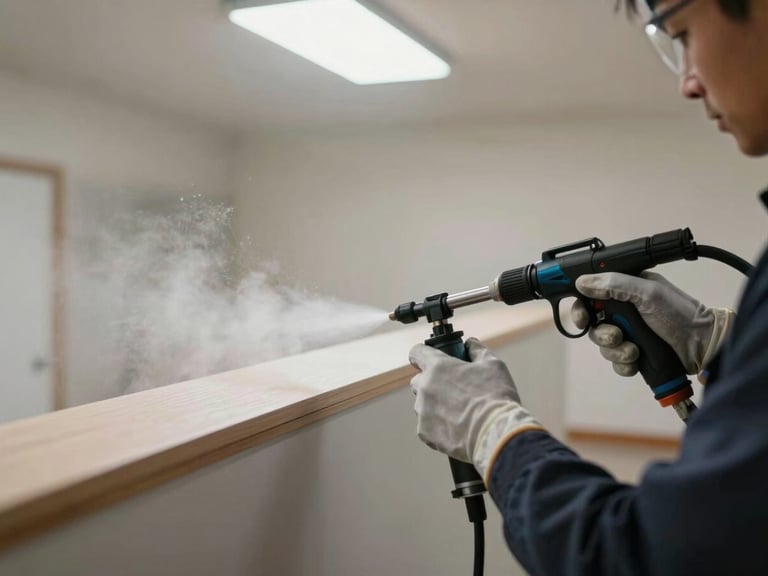 Close-up of a technician's gloved hands operating a pressure sprayer along a baseboard in an empty room, chemical mist visible mid-air, soft natural light from above, high-contrast documentary style