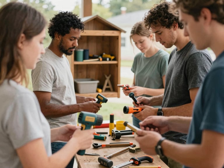 A diverse group of neighbors exchanging tools and advice at a community tool library, candid medium shot, warm natural daylight, hands-on interaction, realistic 35mm film style