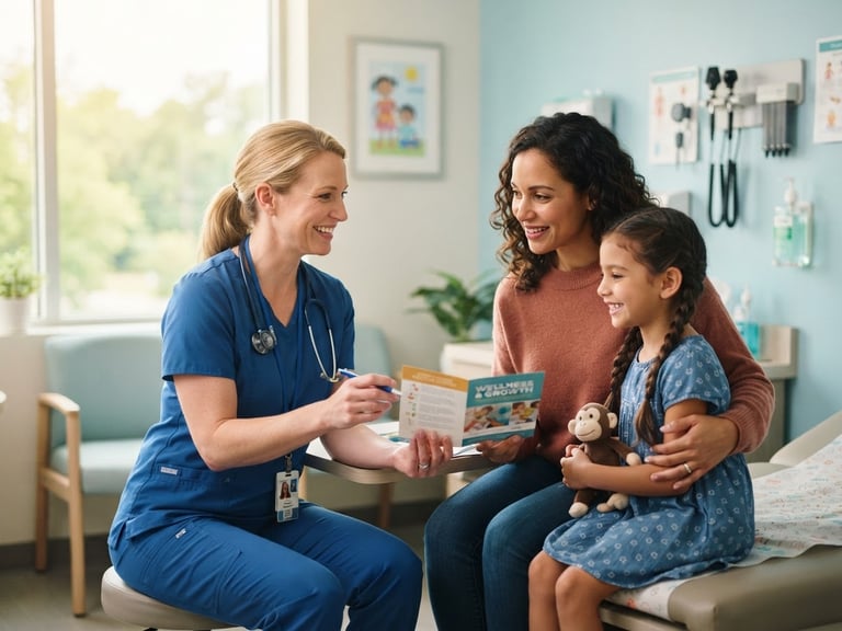 Warm editorial photography of an Indiana family receiving compassionate healthcare guidance from a smiling nurse in a bright wellness clinic, soft natural daylight, shallow depth of field, 35mm