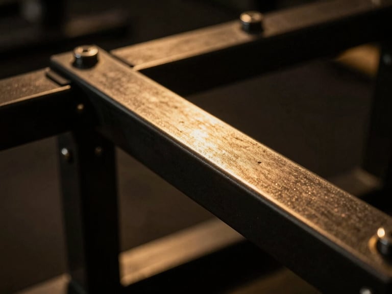 Dramatic close-up of premium strength training steel equipment in low light, sharp shadows, warm golden light reflecting off metallic surfaces, dark editorial photography.
