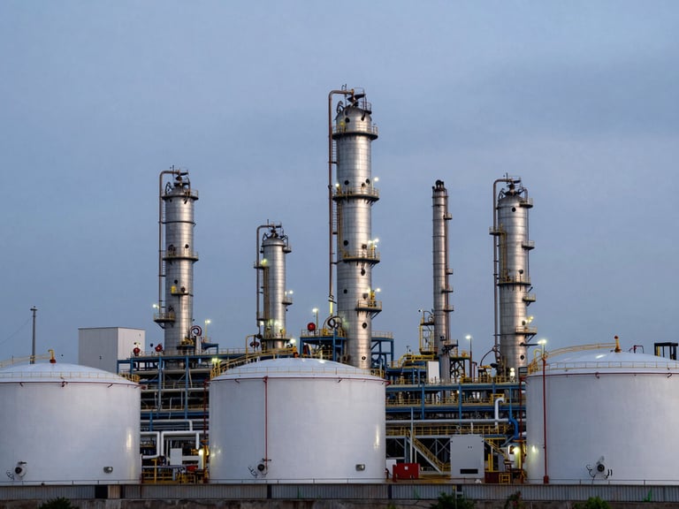 Industrial landscape of an oil refinery terminal at twilight, cool overcast lighting, sharp metallic structures and storage tanks, clean professional framing.